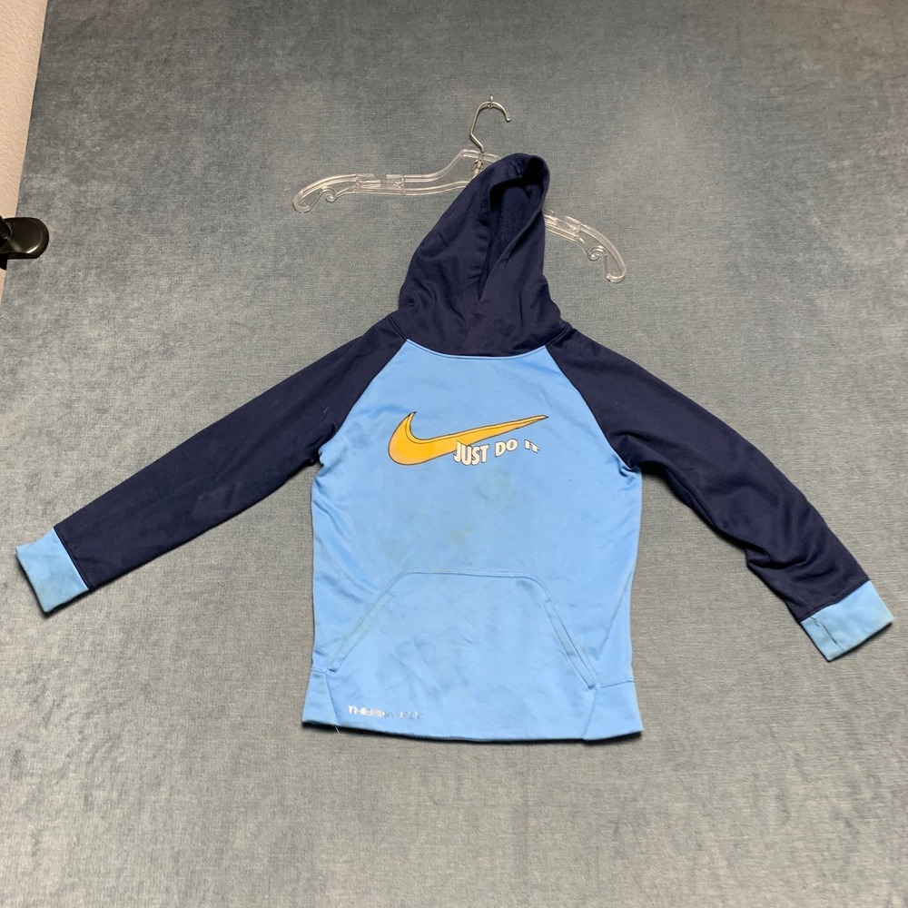 Nike Just Do It Therma Fit Hoodie Boys L Navy Blue Fleece Lined Kangaroo Pockets
